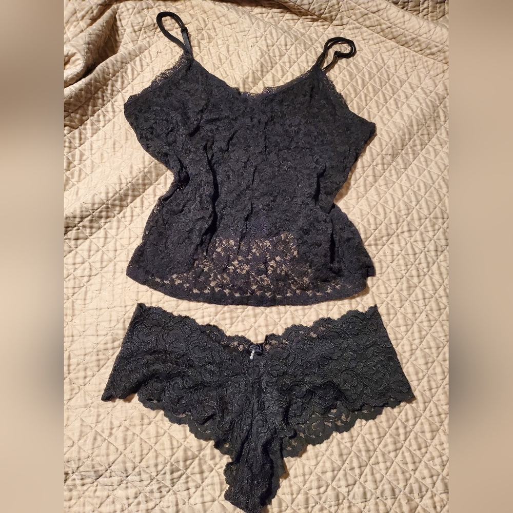 Black Lace Crop Cami And Matching Cheeky Pantie